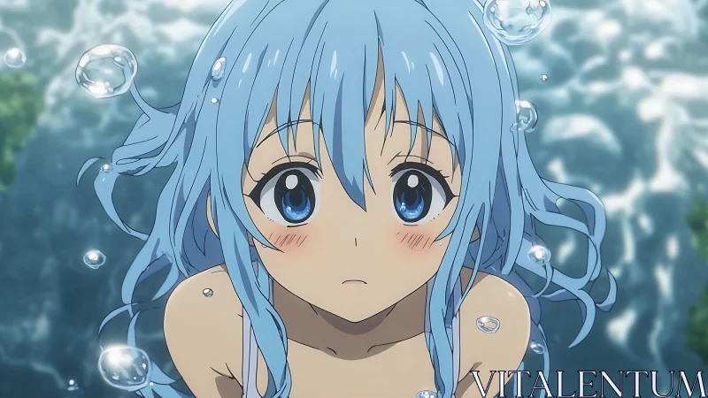 Blue-haired anime girl rendered underwater with luminous bubbles