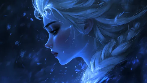 Gentle ice queen in moonlit blue, lost in quiet thought.