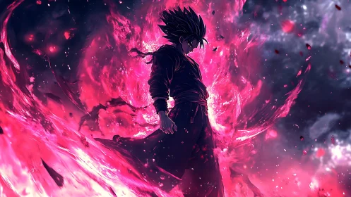 Anime energy warrior engulfed in crimson flame vortex composition.