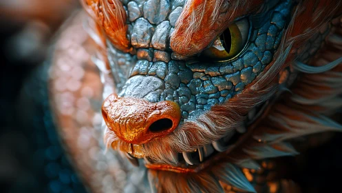 Iridescent dragon snout reveals razor fangs and molten eyes.