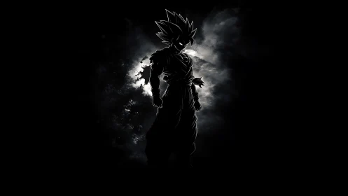 Silhouetted spiky-haired warrior against stormy light burst.
