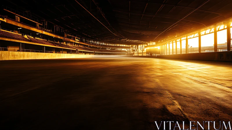 Empty industrial hall interior lit by strong golden sunset.
