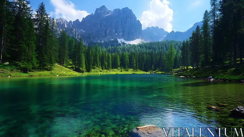 Emerald mountain lake wrapped in tall whispering pines.