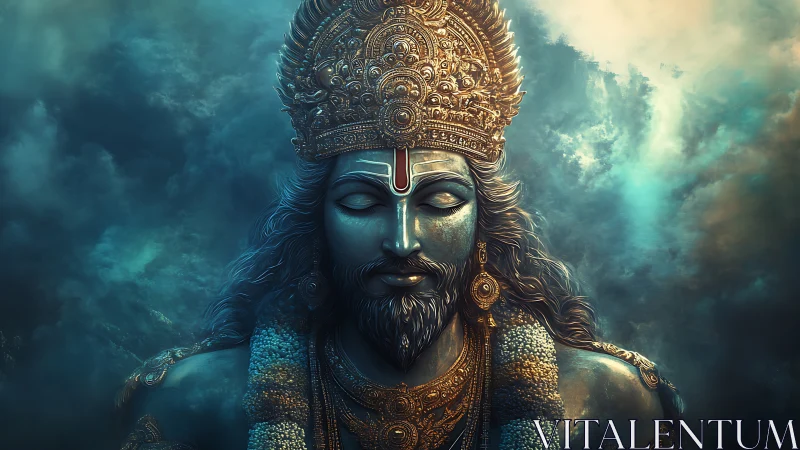 Digital deity portrait with ornate crown against clouds.