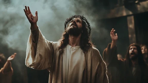 Crowned figure lifts wounded hand in dramatic sacred moment.