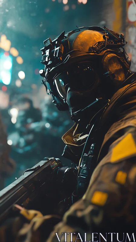 Tactical operator in augmented visor rig within neon haze.
