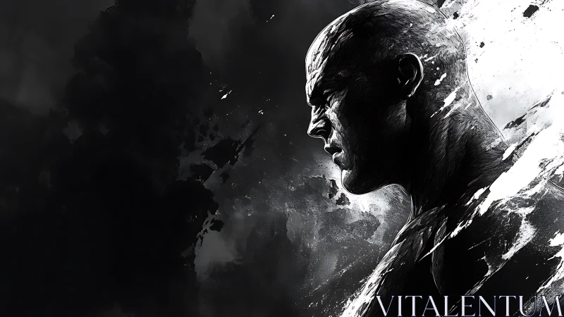 Monochrome male profile rendered with dynamic ink-splatter shading