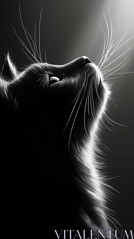Black Cat Looking Upward with Luminous Whiskers