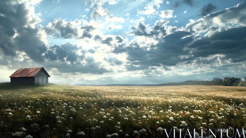 Quiet wildflower meadow and a lone rustic barn at dusk.
