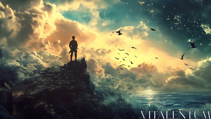 Lone figure on stormy cliff under glowing fantasy sky.