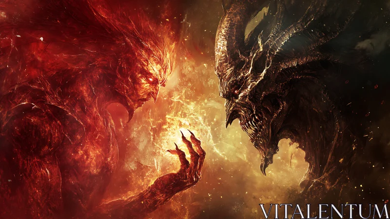 Infernal duality confrontation in fiery digital painting style.