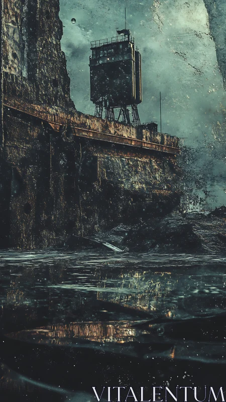 Rusted coastal surveillance tower above stormy reflective sea