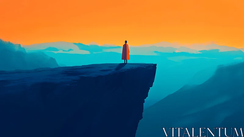 Solitary cloaked figure stands on cliff edge above blue valley