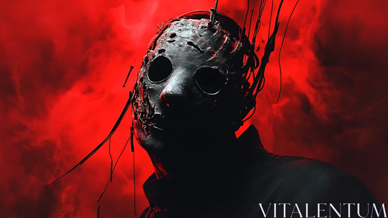 Shrouded mask in red smoke, where horror meets curiosity.