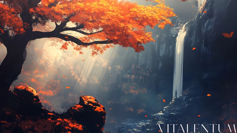 Autumn tree and distant waterfall in shaded rocky canyon.
