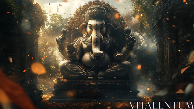 Gentle Ganesha statue rests in glowing forest temple light