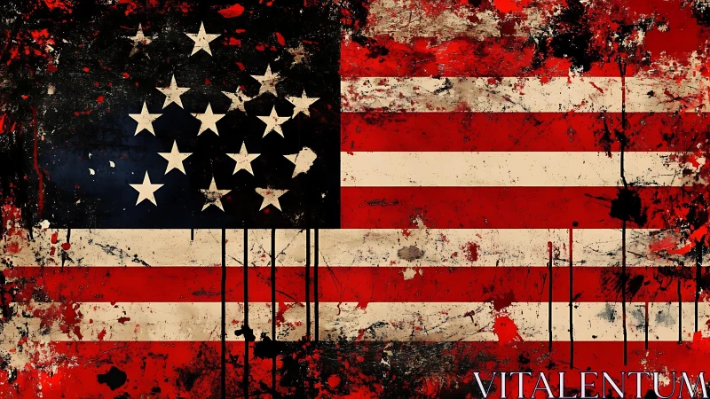 Deconstructed American flag rendered as distressed abstract field