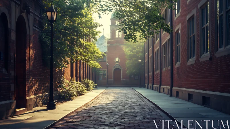 Quiet brick campus alley with morning light and trees.