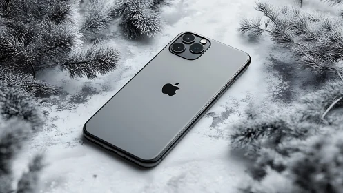 Frosted Flagship: iPhone Rests in Winter's Crystalline Embrace.