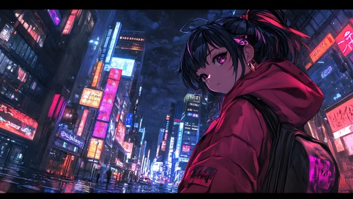 Neon city street with anime girl in red hoodie at night.