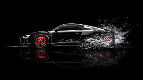 Black sports car profile with water splash on dark background.