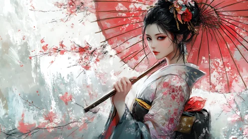 Graceful kimono beauty beneath a blooming red parasol.