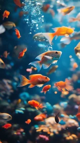 Orange fish swim through deep blue aquarium water