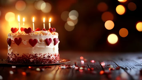 Romantic Birthday Cake with Red Hearts and Lit Candles.