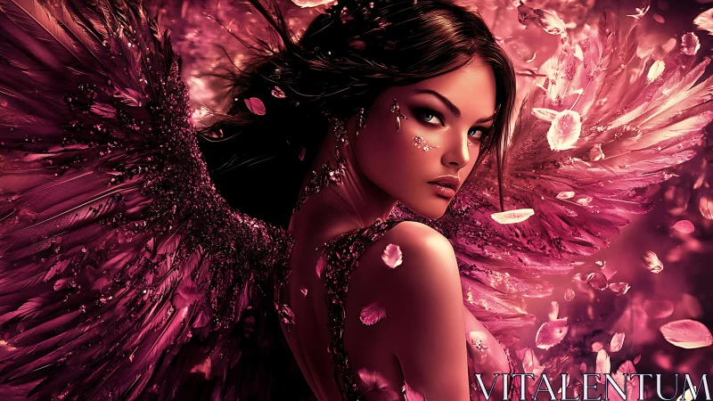 Crimson winged sorceress turns within swirling rose petals