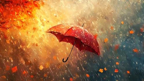 Red umbrella in autumn rain with falling golden leaves.
