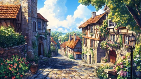 Sunlit cobblestone village street with floral fa&ccedil;ades, midday.