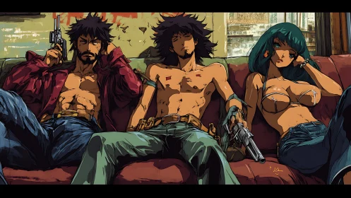 Trio of armed drifters on distressed leather sofa, anime noir.