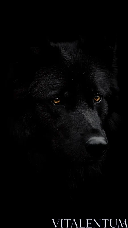 Golden-eyed black dog emerging softly from midnight shadows.
