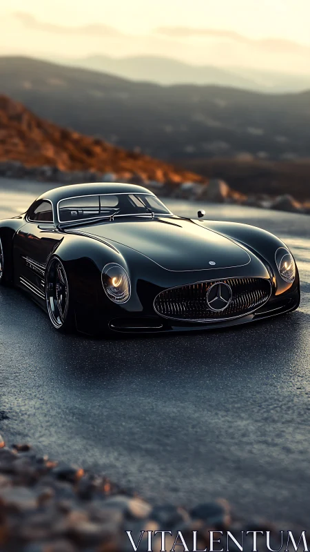 Black coupe concept car is positioned on a wet mountain road