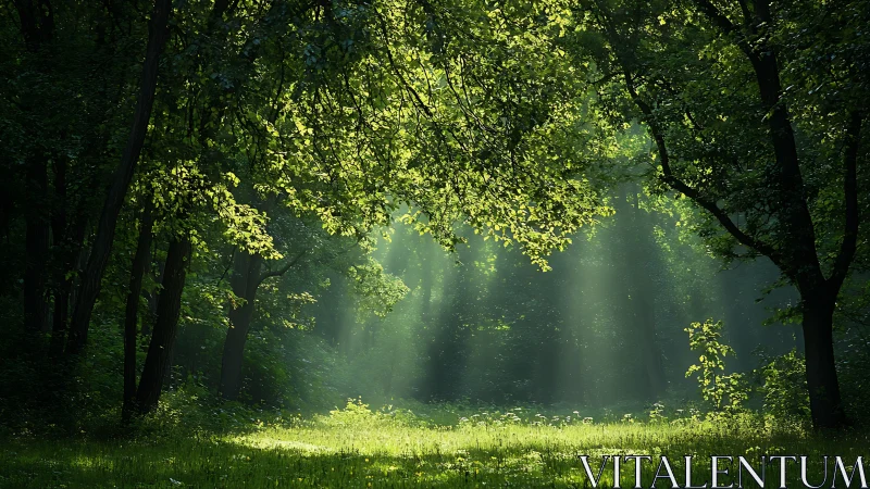 Luminescent Forest Canopy with Crepuscular Rays and Verdant Clearing.