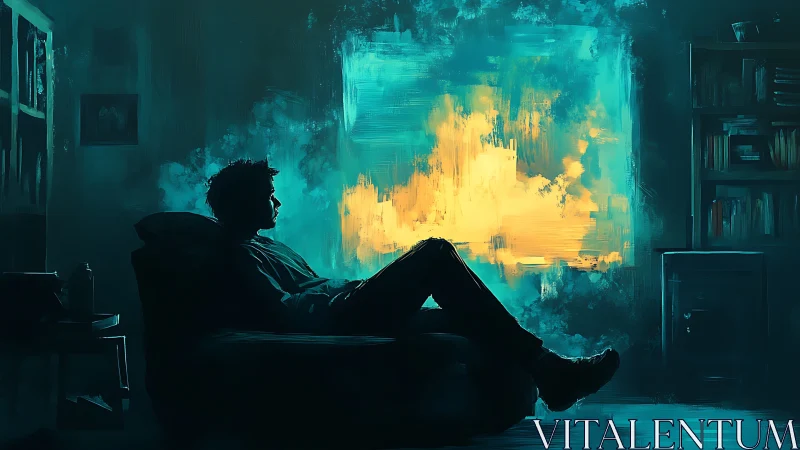 Solitary Contemplation: Digital Silhouette Within Luminescent Interior.