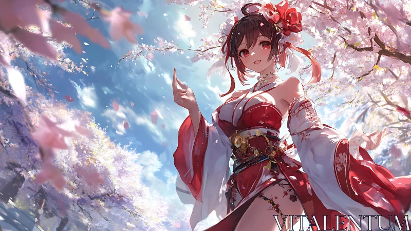 Sakura wind dancer in crimson kimono under spring skies.