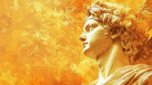 Radiant golden statue gazes upward in warm celestial light