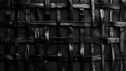 Closeup of glossy black woven strips on dark background.