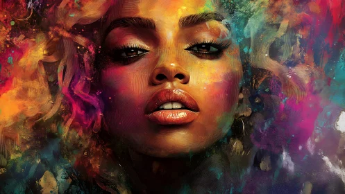 Color storms crown her gaze as neon brushstrokes breathe fire