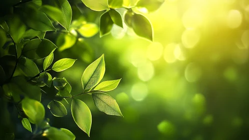 Sunlit Green Leaves with Soft Bokeh in Nature Photography Style.