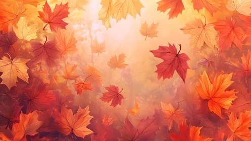 Sun-drenched maple leaves swirling through autumn light.