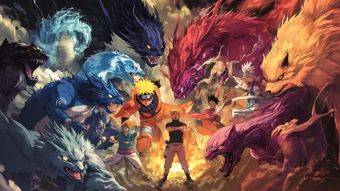 Central anime figures are surrounded by large elemental beasts