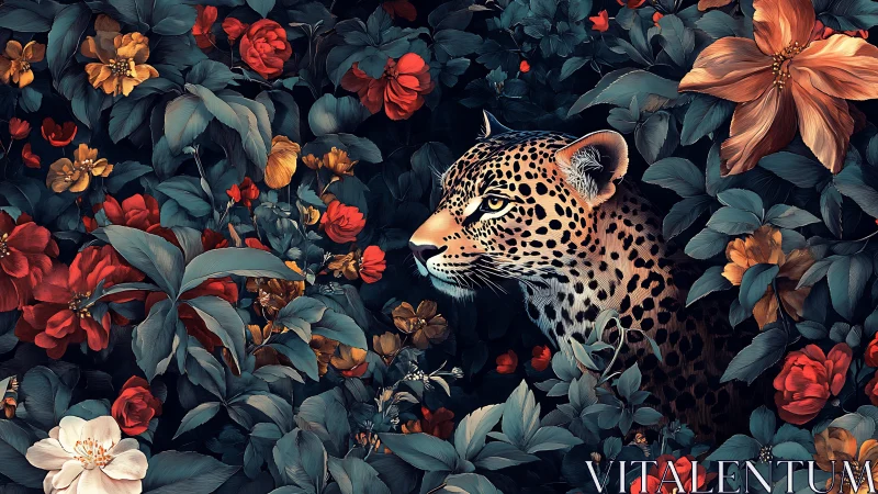 Leopard hidden in lush florals, vivid digital jungle tableau.