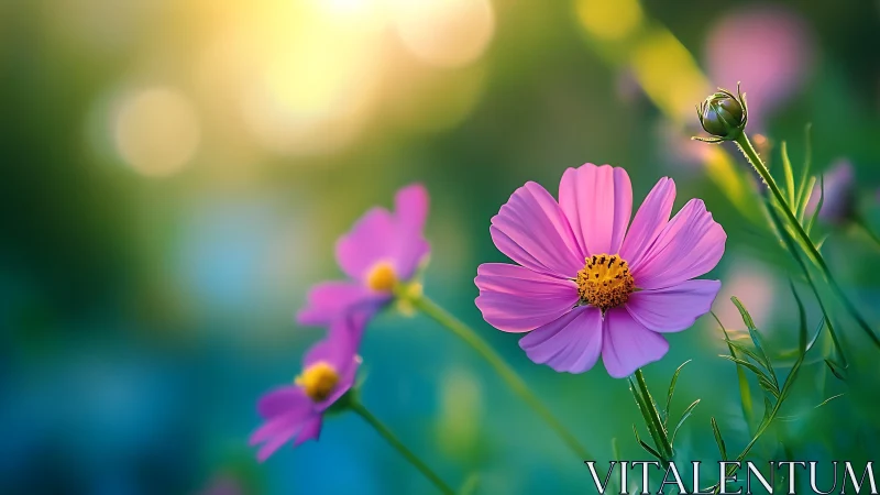 Pink cosmos flowers in shallow depth of field bloom study.