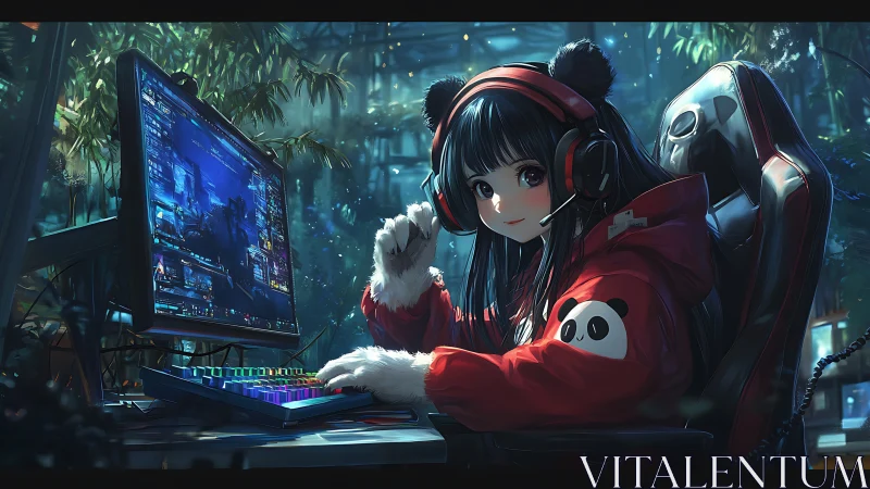 Panda-hoodie gamer streams in a neon jungle studio glow