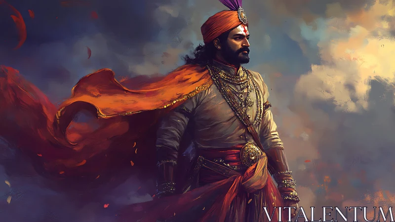 Heroic warrior in turbulent sky with dynamic orange cloak.