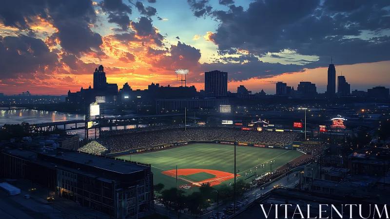Sunset-lit urban baseball stadium rendered in cinematic detail