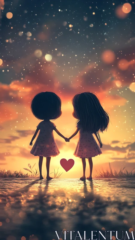 Silhouetted Children Holding Hands at Sunset Over Water.