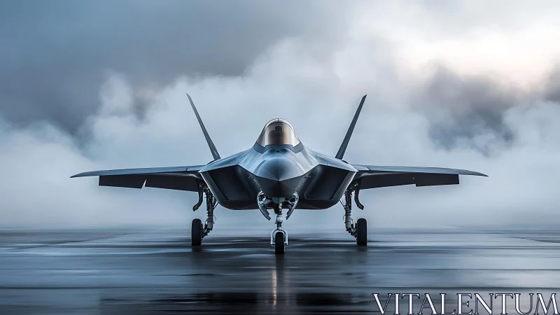 Stealth fighter jet waits on misty runway in cold dawn light